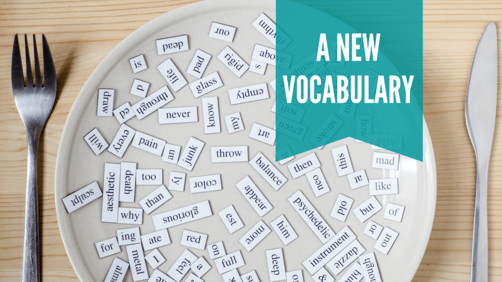 Plate, fork and knife with word magnets on the plate. Title says A New Vocabulary