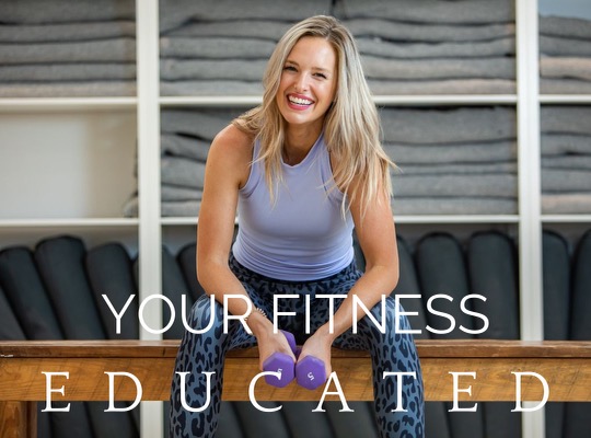 Woman sitting holding weights. Text: Your Fitness Educated.